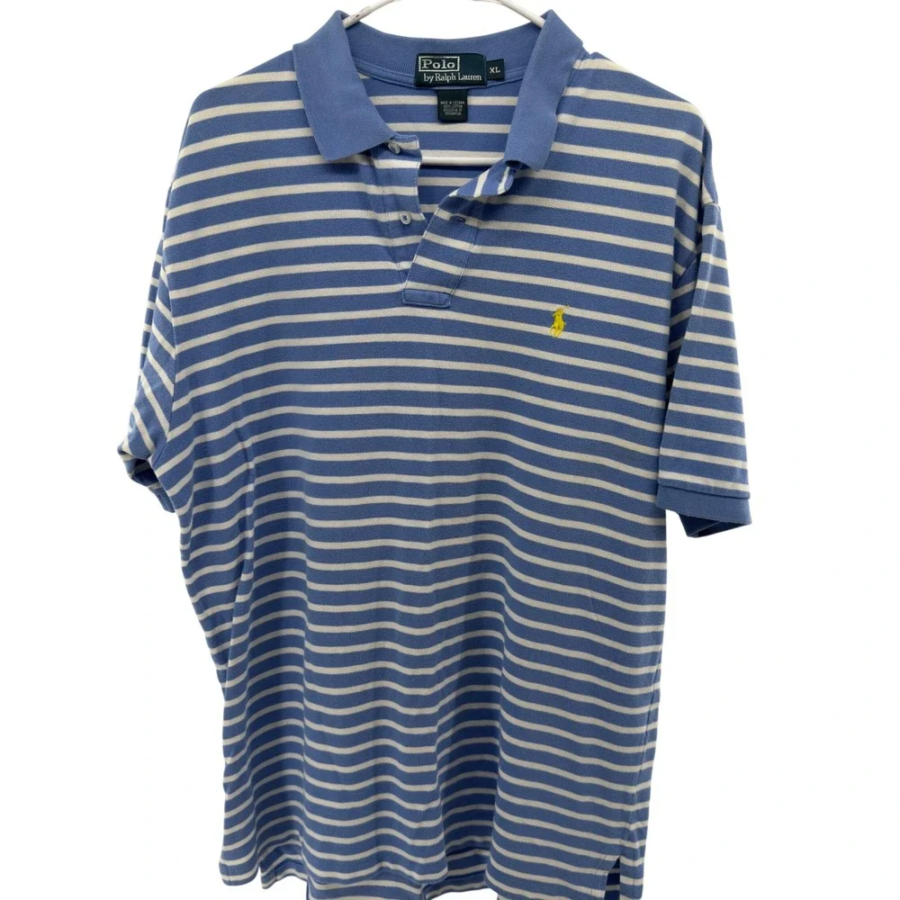 Polo Ralph Lauren Mens XL‎ Blue White Striped Short Sleeve Polo Shirt Yellow